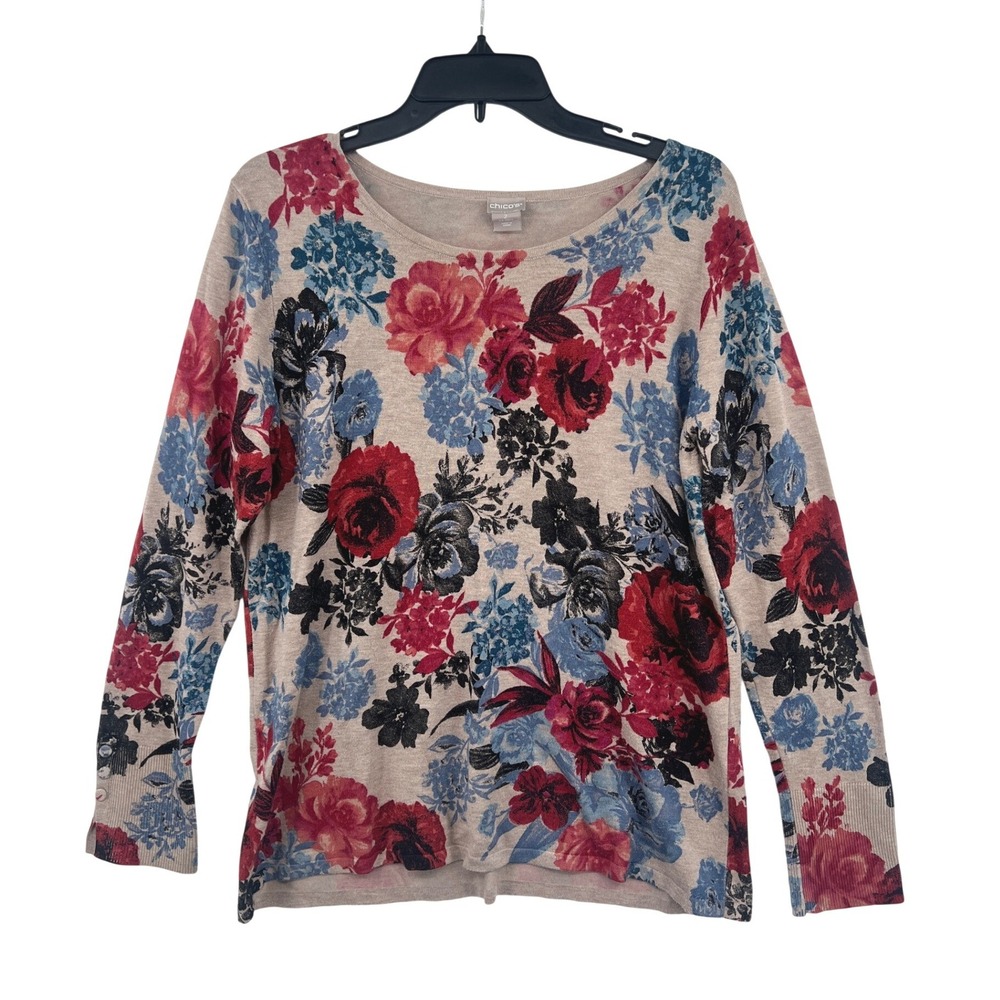 Chicos‎ 2 Floral Knit Top Size L Tan Scoop Neck Lightweight Cottagecore Romantic